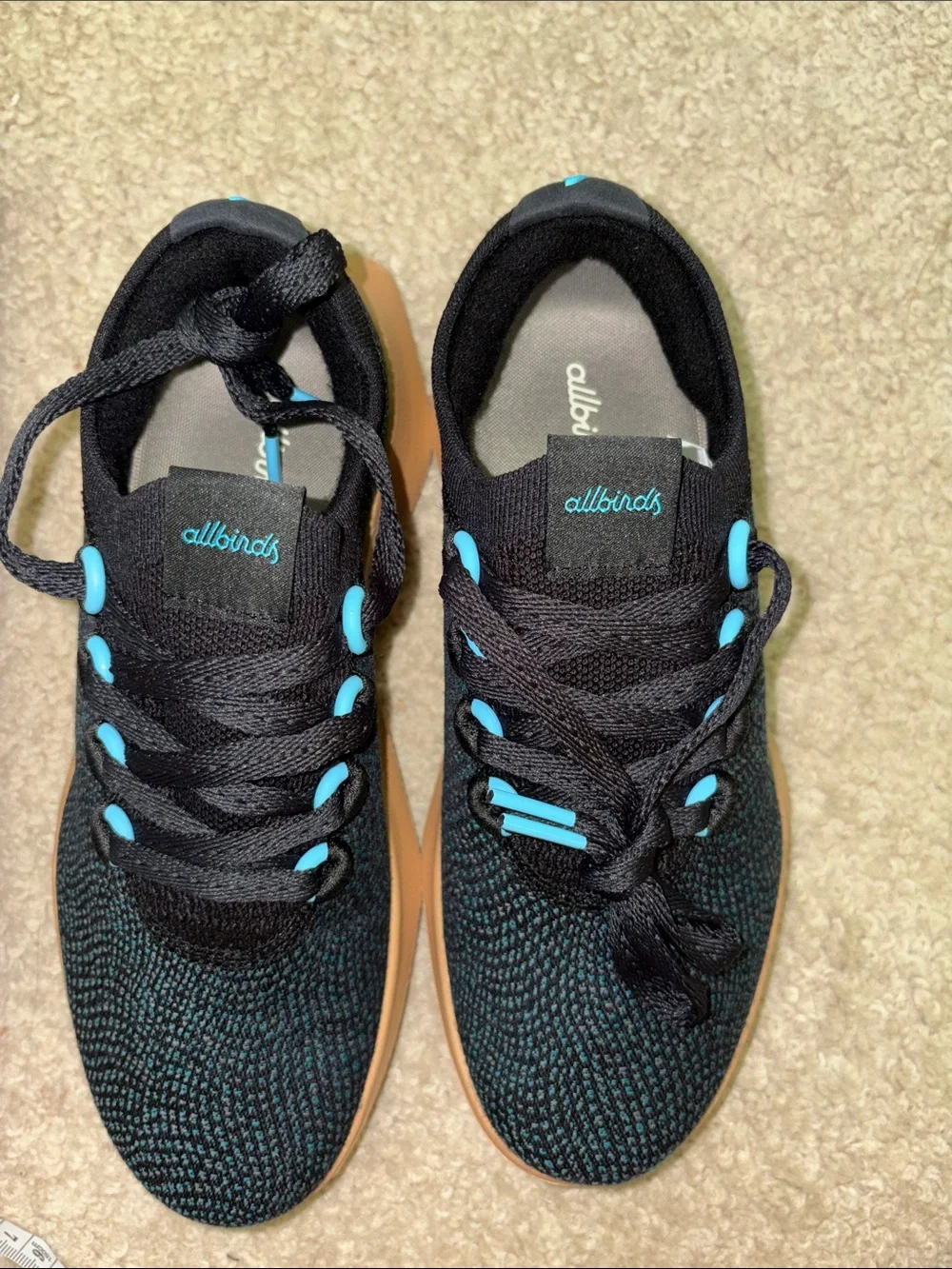 allbirds Women's dasher Black Knit Sneakers with Turquoise Accents and Gum Sole